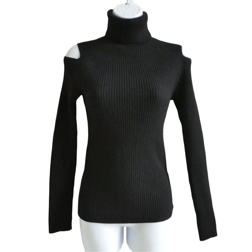 WooL Theory Jemliss Evian Stretch Black Ribbed Knit Sweater Peekaboo Shoulder S